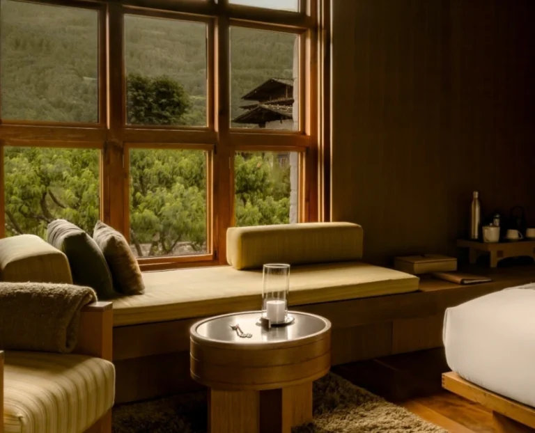 Luxury mountain lodge interior with wooden window seating and scenic valley view, cozy boutique hotel design in nature.