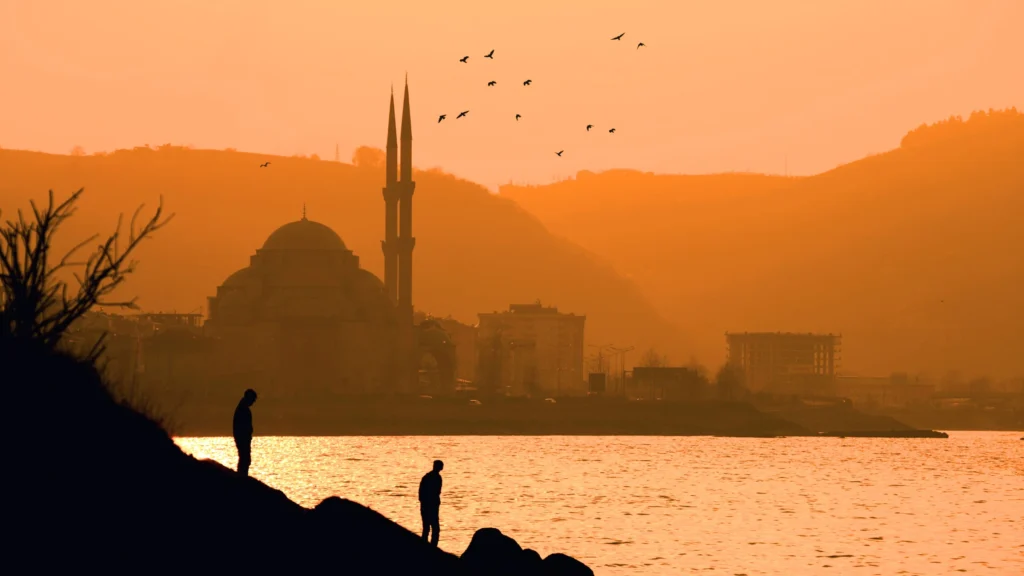 Mosque silhouette at sunset on the Bosphorus in Istanbul