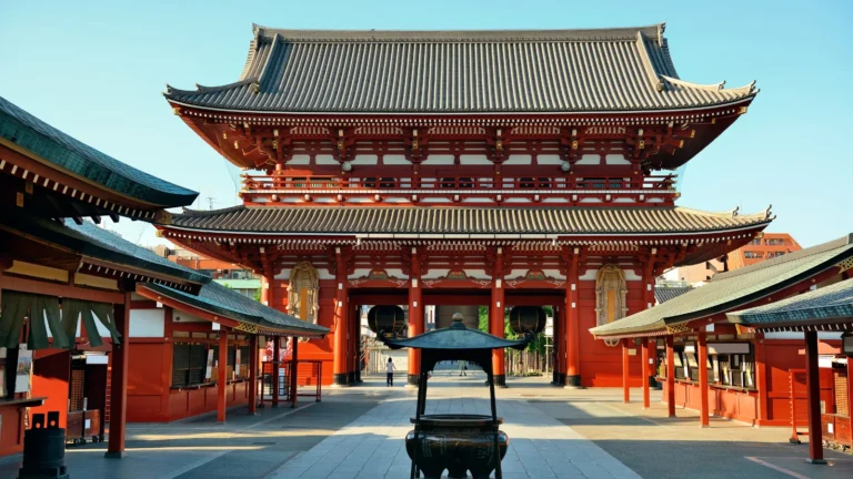 Senso-ji Temple in Asakusa Tokyo with traditional Japanese architecture and red temple gates